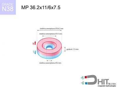 magnes neodymowy pierścieniowy MP 36.2x11/6x7.5 N38  MP 36.2x11/6x7.5 N38 magnes neodymowy pierścieniowy