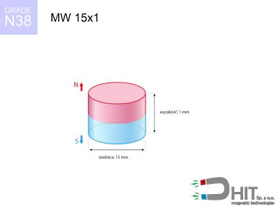 magnes neodymowy walcowy MW 15x1 N38  MW 15x1 N38 magnes neodymowy walcowy